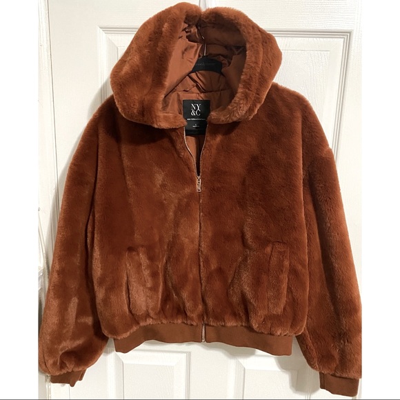 New York & Company Jackets & Blazers - New York & Company Hooded Faux-Fur Bomber Jacket Color Camel NWOT